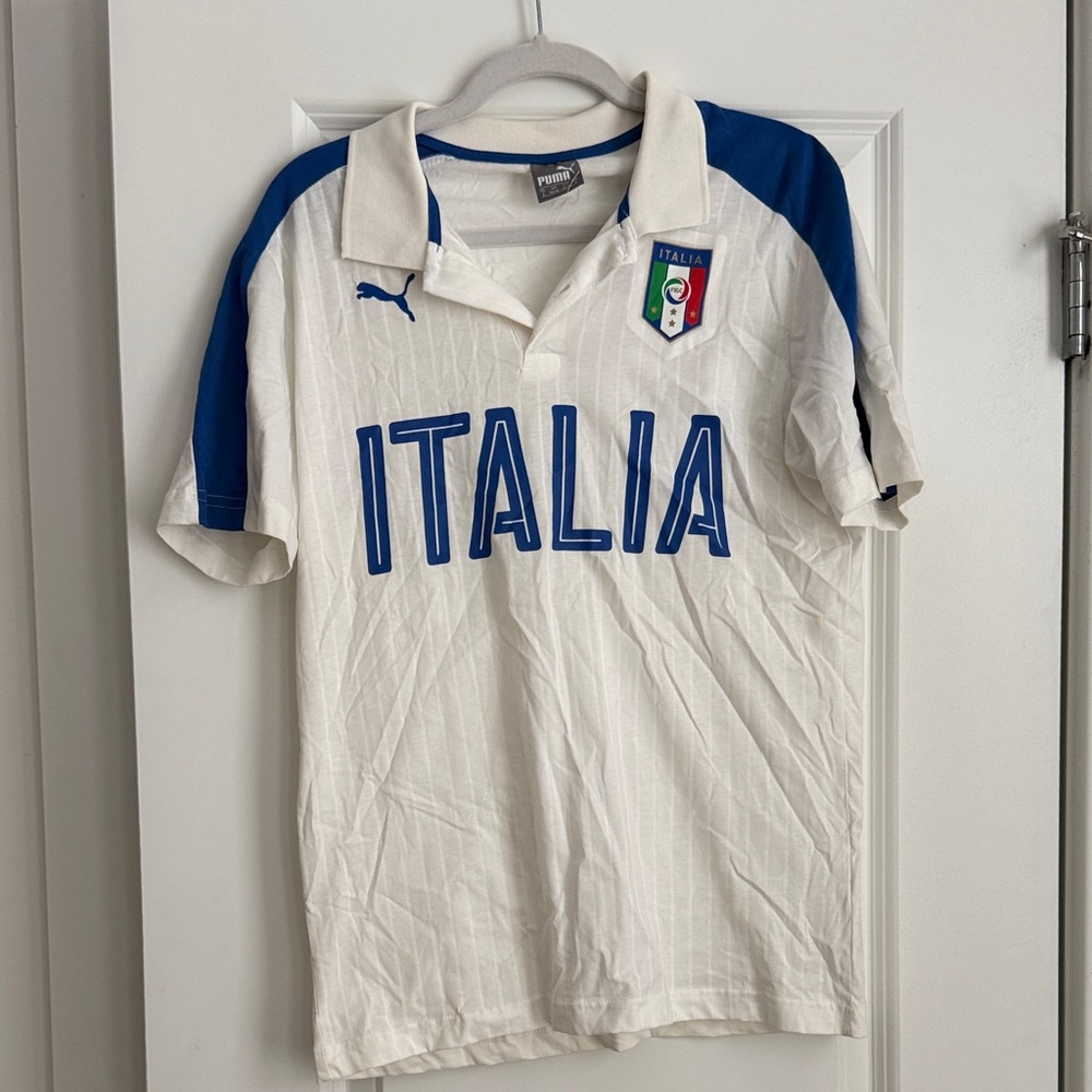 Puma White and Blue Italia Polo Soccer Shirt